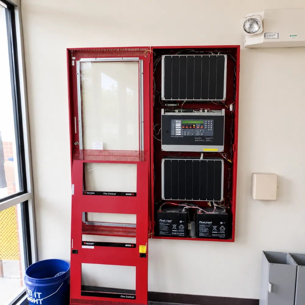 Open red fire alarm cabinet details mont vernon